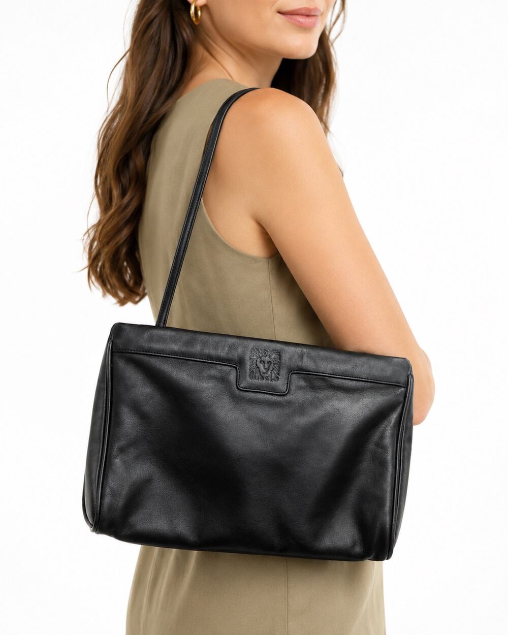 70s 80s Anne Klein Black Leather Shoulder Bag w Lion Face Logo